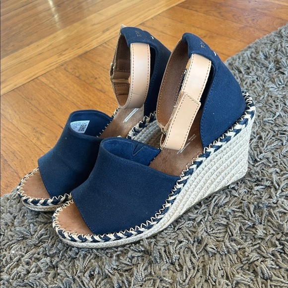 Toms Shoes - TOMS Marisol Navy Blue Canvas Wedge Heel Open Toe Ankle Strap Sandals Size 8.5